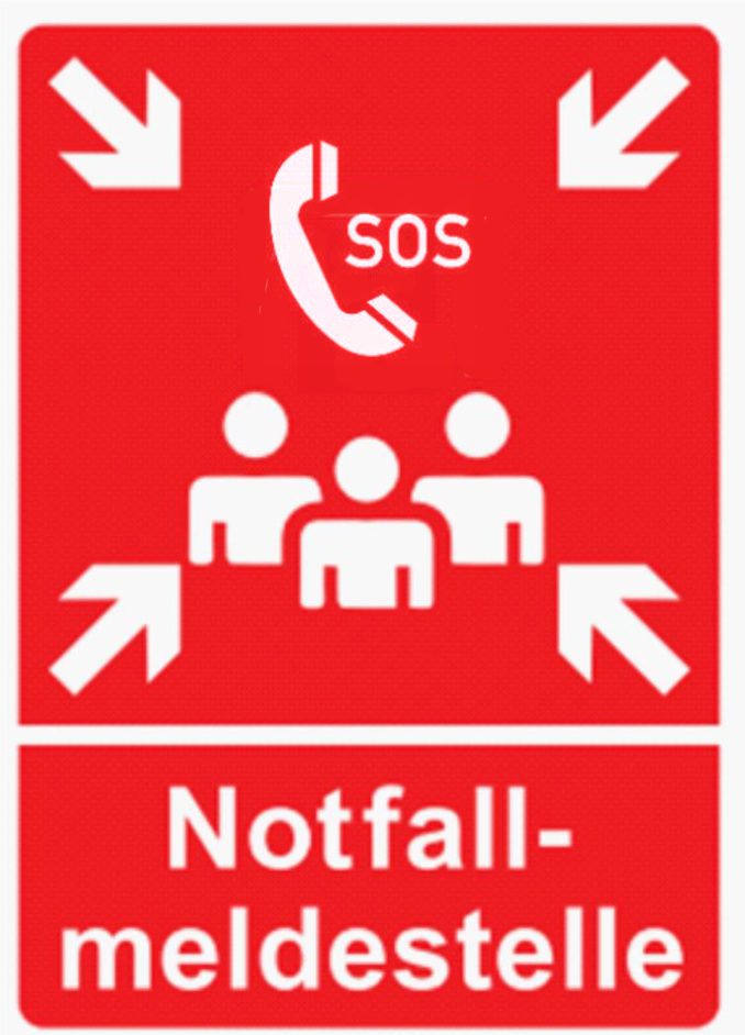 rotes Schild mit Symbolen mit Hinweis Notfallmeldestelle